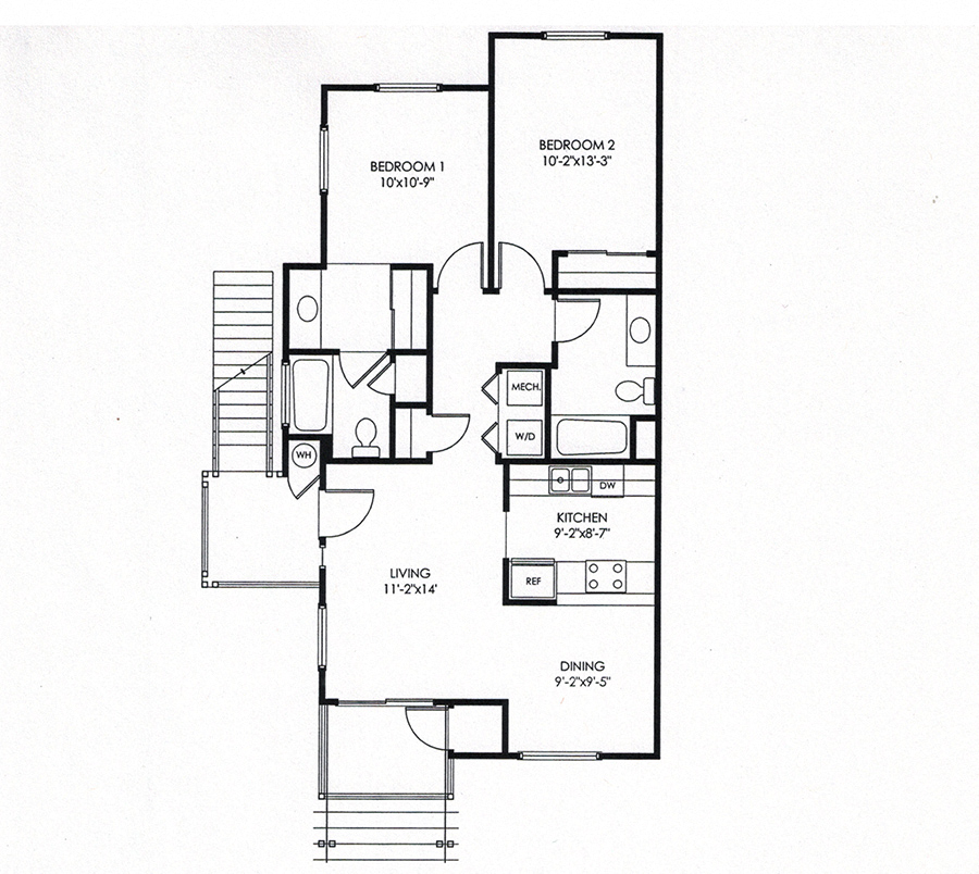 Floor plan for 2 beds, 2 baths, 942 sqft